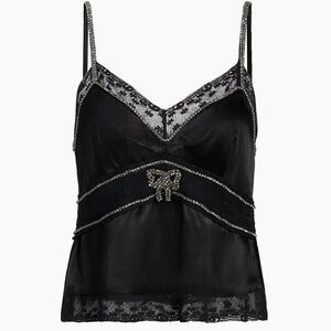 LoveShackFancy Leticia Embellished Black Satin Top